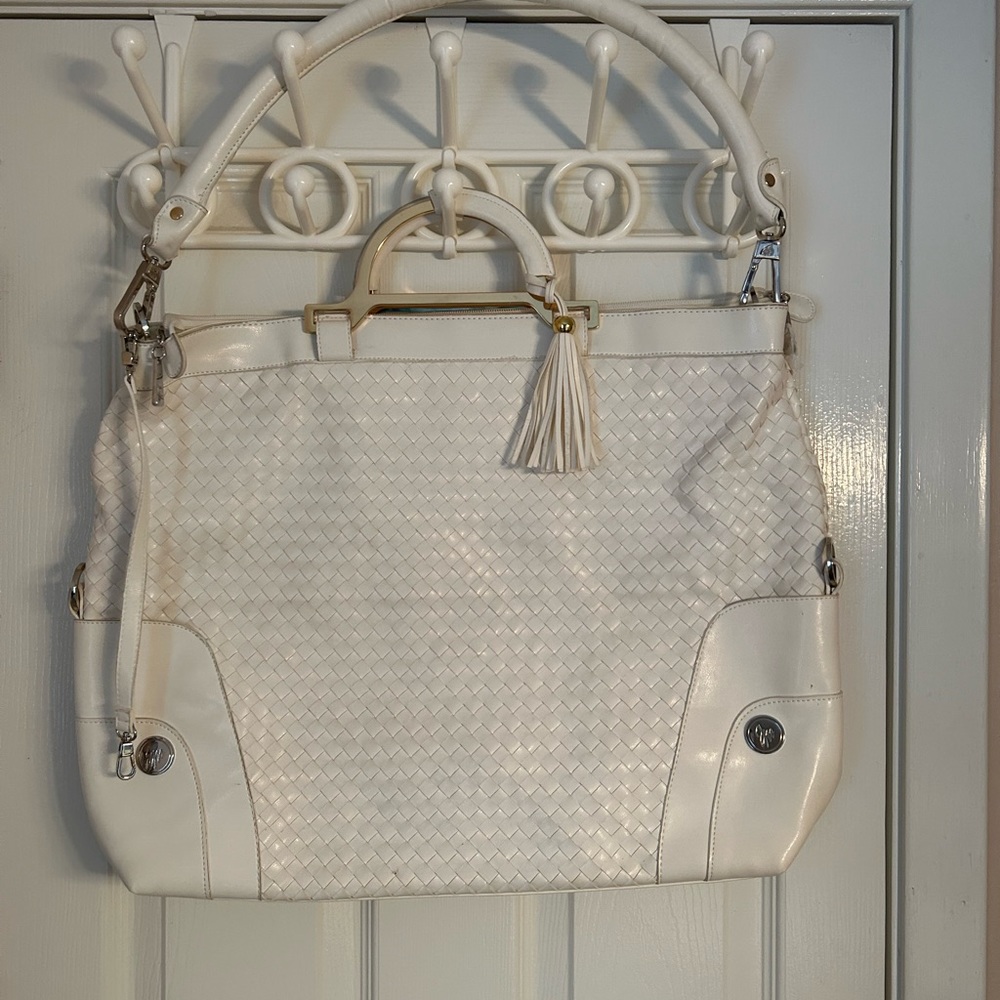 Joy Mangano woven white tote bag.